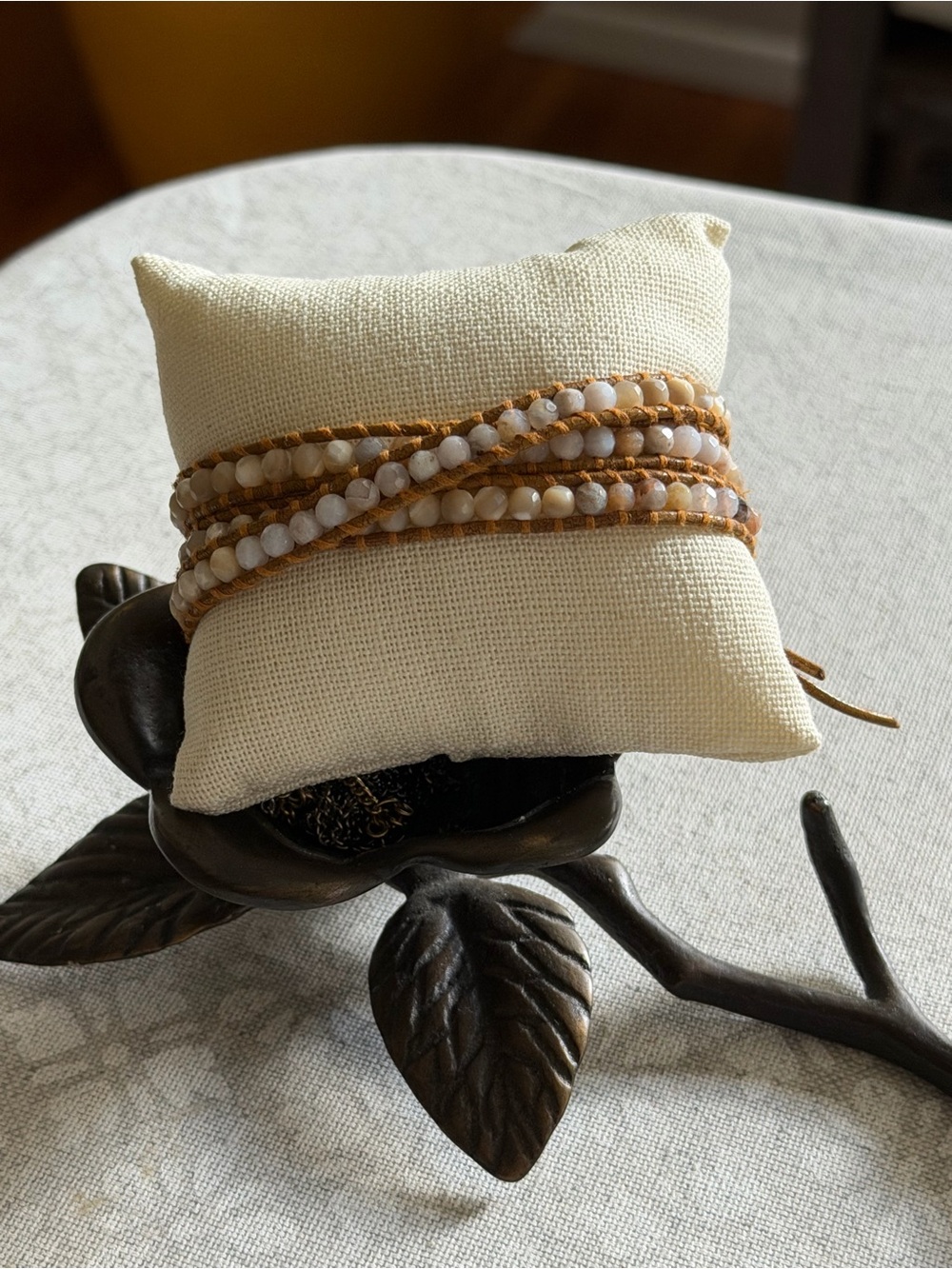 Chan Luu Cream Champagne Gray Faceted Stone Leather Triple Wrap Bracelet - Picture 2 of 8